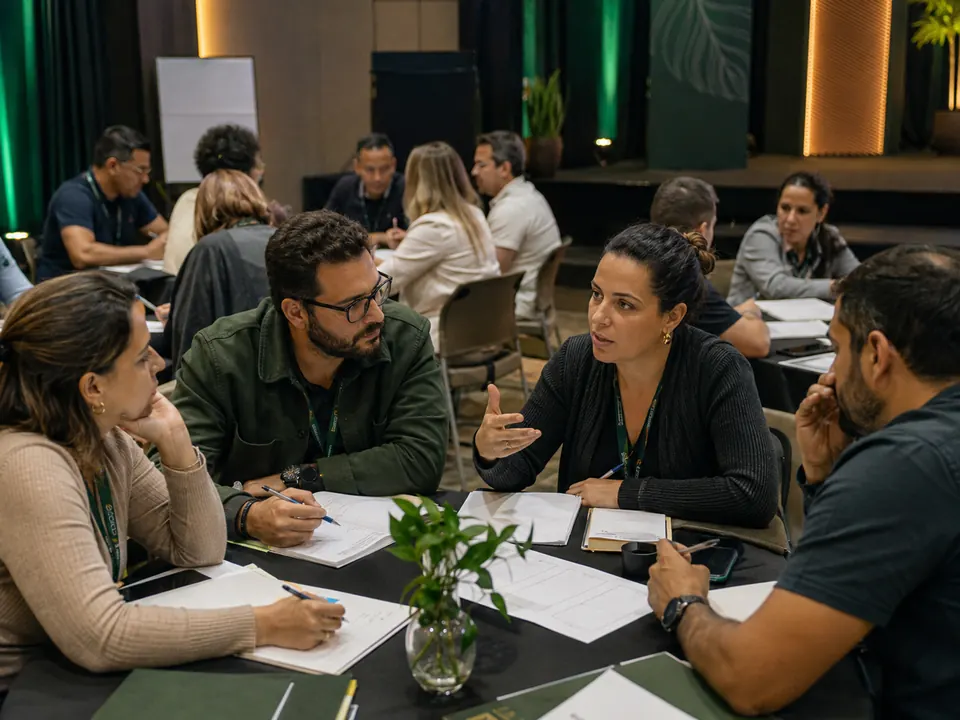 Participantes em dinâmica de grupo ao redor de uma mesa